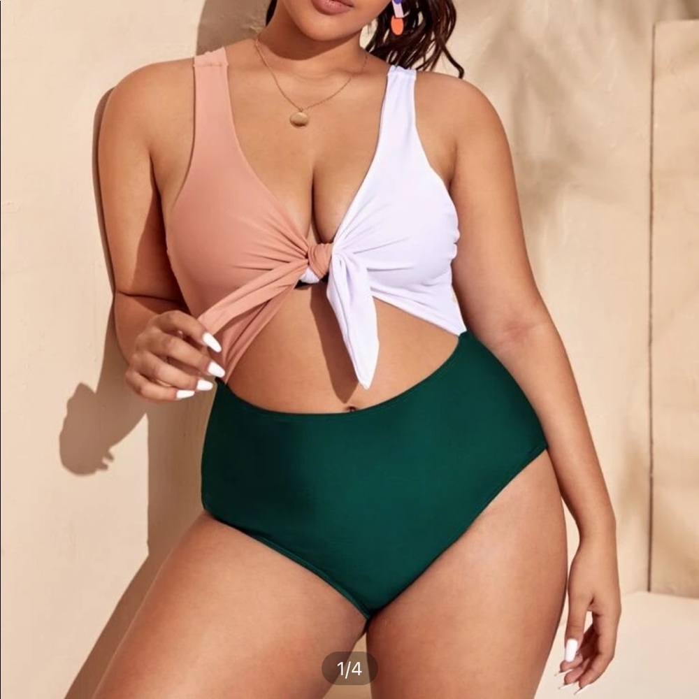 Shein plus color block knot one piece swimsuit